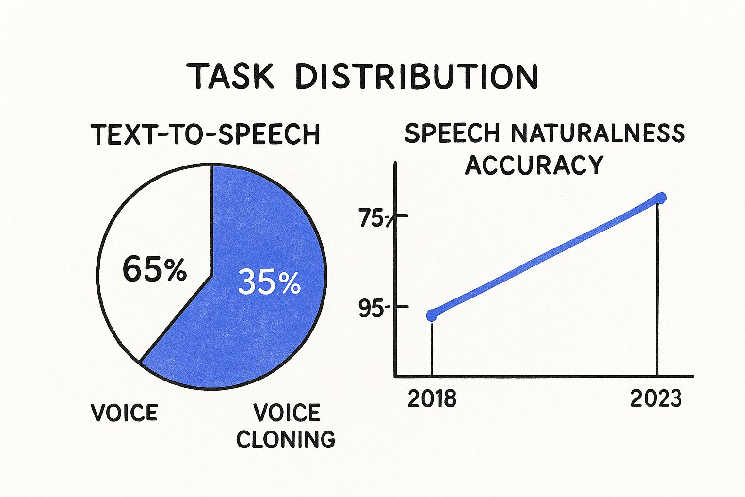 Infographic showing that Text-to-Speech accounts for 65% of AI voice tasks while Voice Cloning is 35%, and a line graph indicating speech naturalness has risen from 75% in 2018 to 95% in 2023.