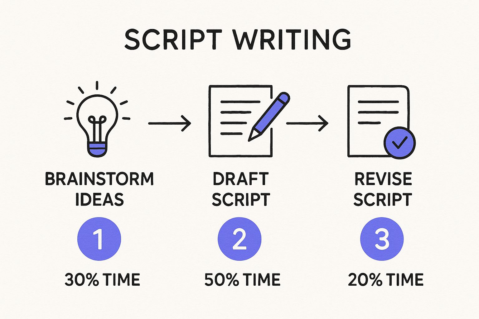 An infographic showing the process flow for script writing, allocating 30% of time to brainstorming, 50% to drafting, and 20% to revision.
