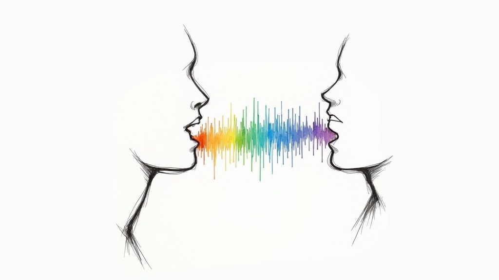 A person speaking into a professional microphone with soundwaves emanating from it, representing AI voice generation.
