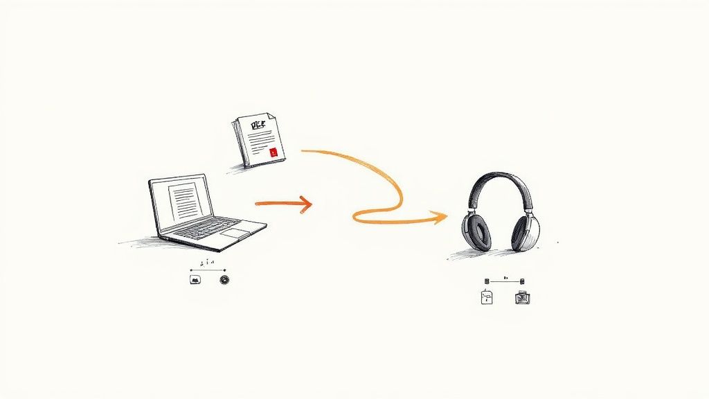 Person converting a PDF to audio on a laptop