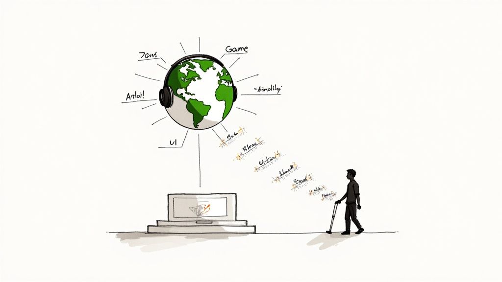 A digital globe with illuminated connection lines, representing the global reach of a game localized into multiple languages.