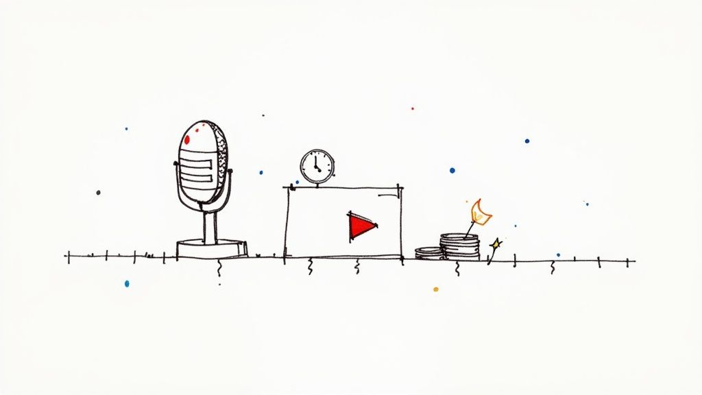 A content creator editing a video with audio waveforms on the screen, symbolizing the use of AI voice overs.