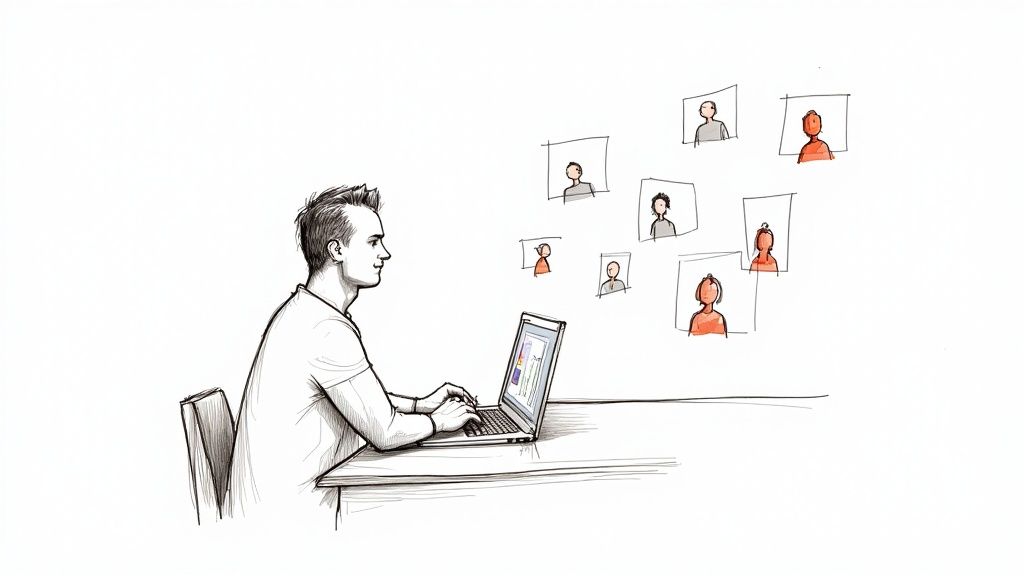 A woman wearing headphones, listening to audio generated by an AI voice actor on her laptop.