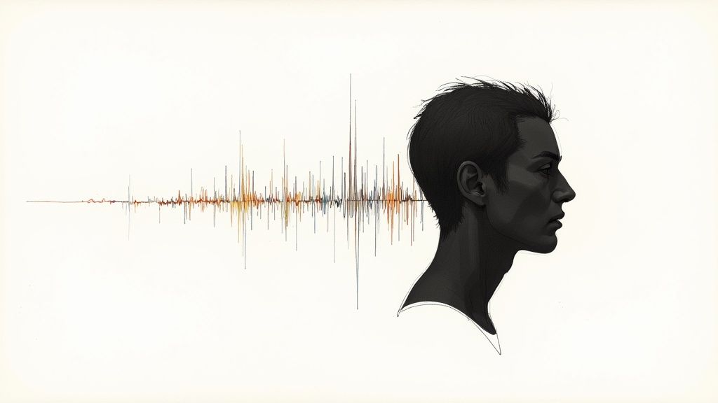 A visual representation of a human voice waveform being digitally replicated into a clean, identical AI waveform.