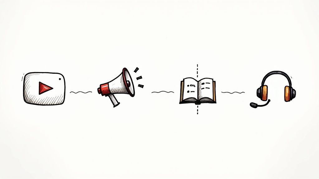A collage of images representing different industries like content creation, e-learning, and marketing, all connected to a central audio wave icon.