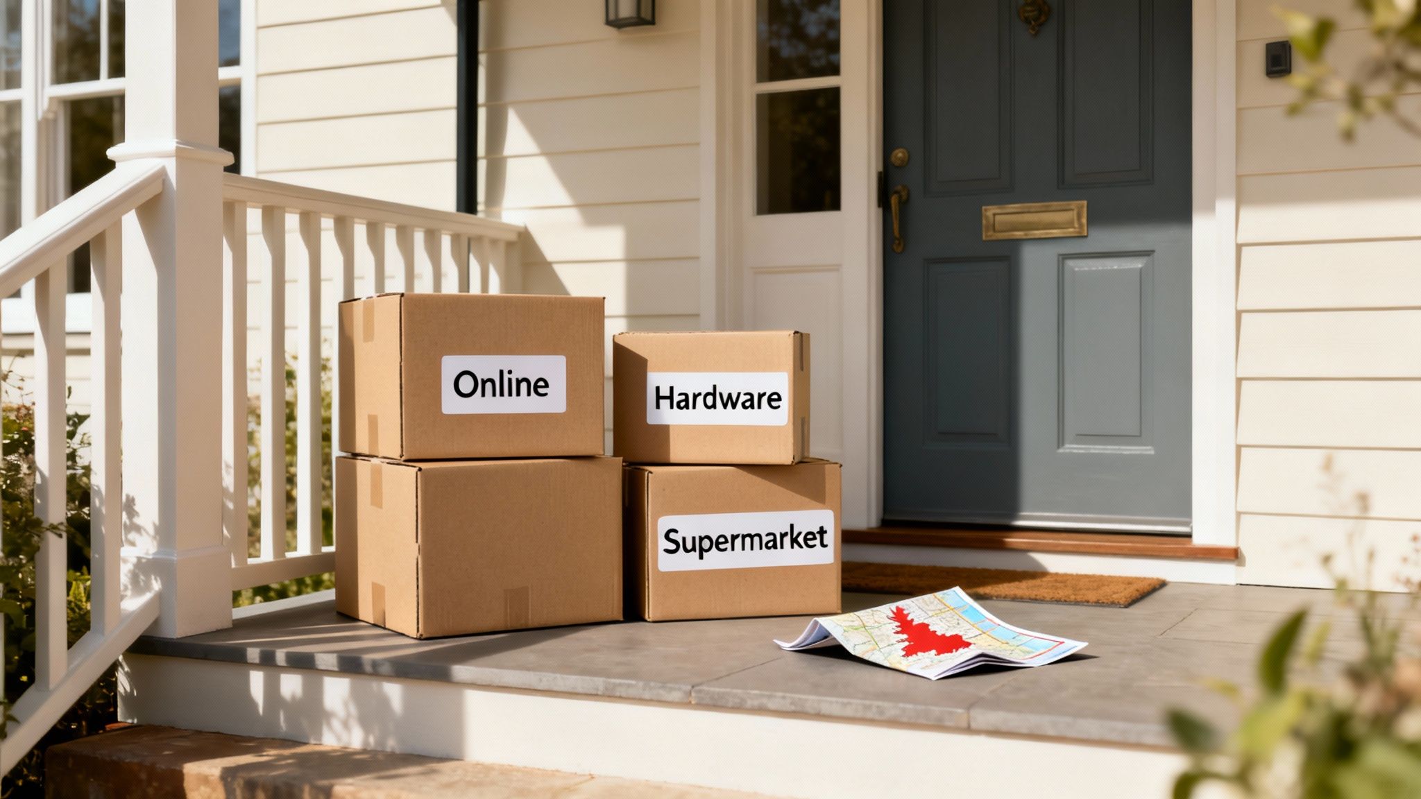 Multiple delivery boxes from online, hardware, and supermarket services on a front porch.