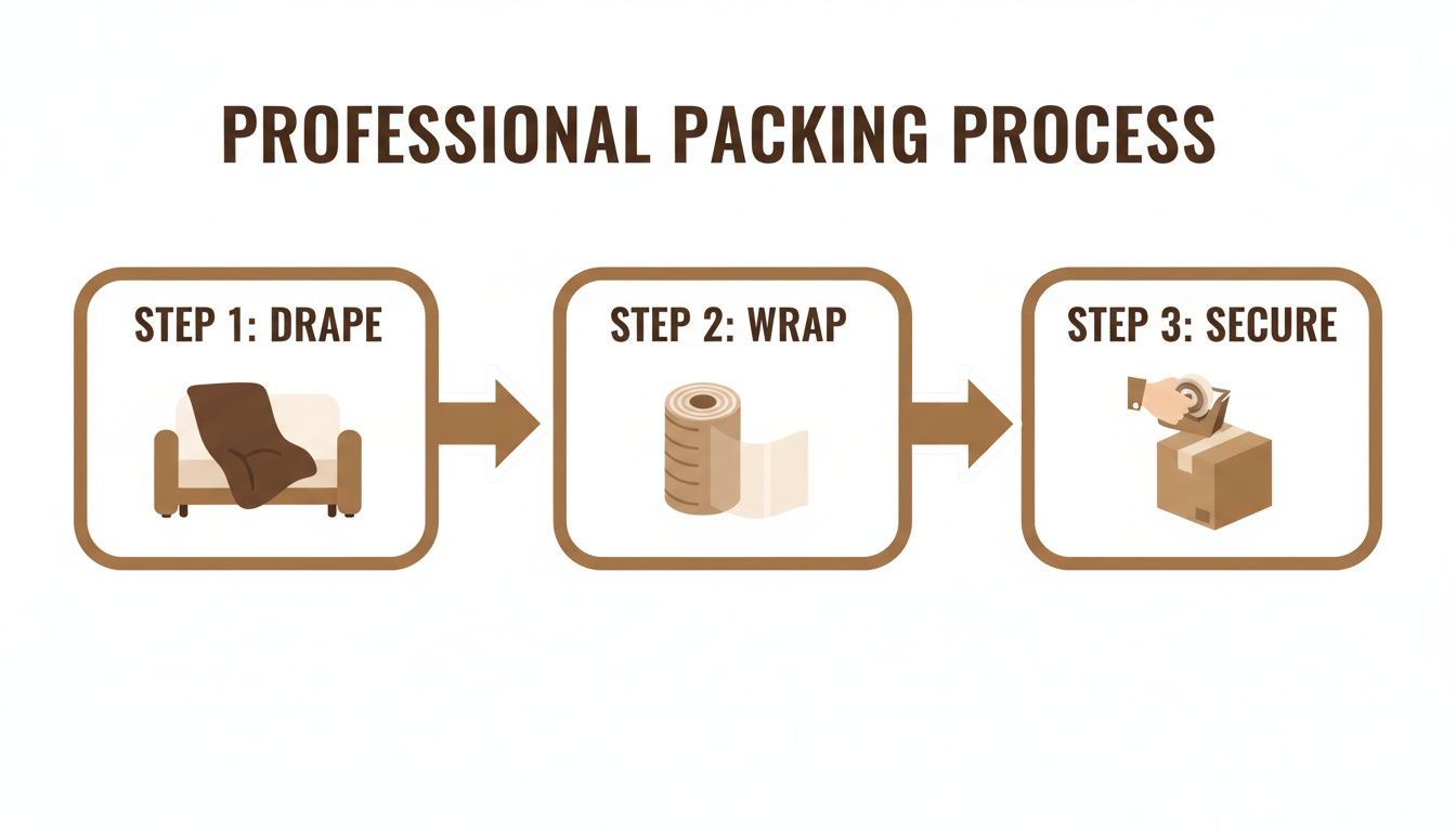 Professional packing process illustration: drape a blanket, wrap with material, and secure a box.