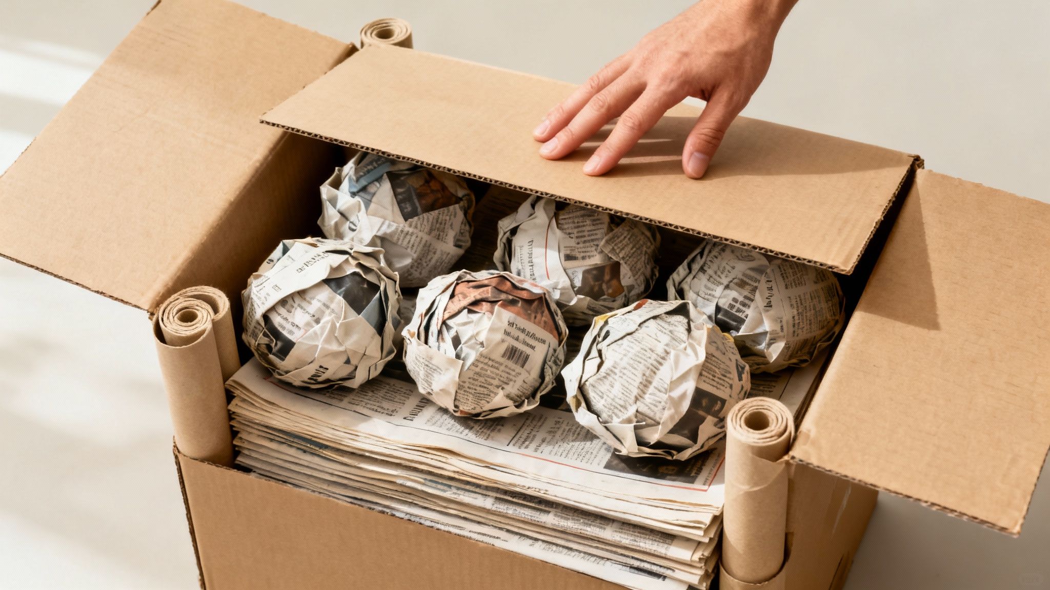 A person's hand reaching into a cardboard box filled with newspaper-wrapped items and stacked papers.