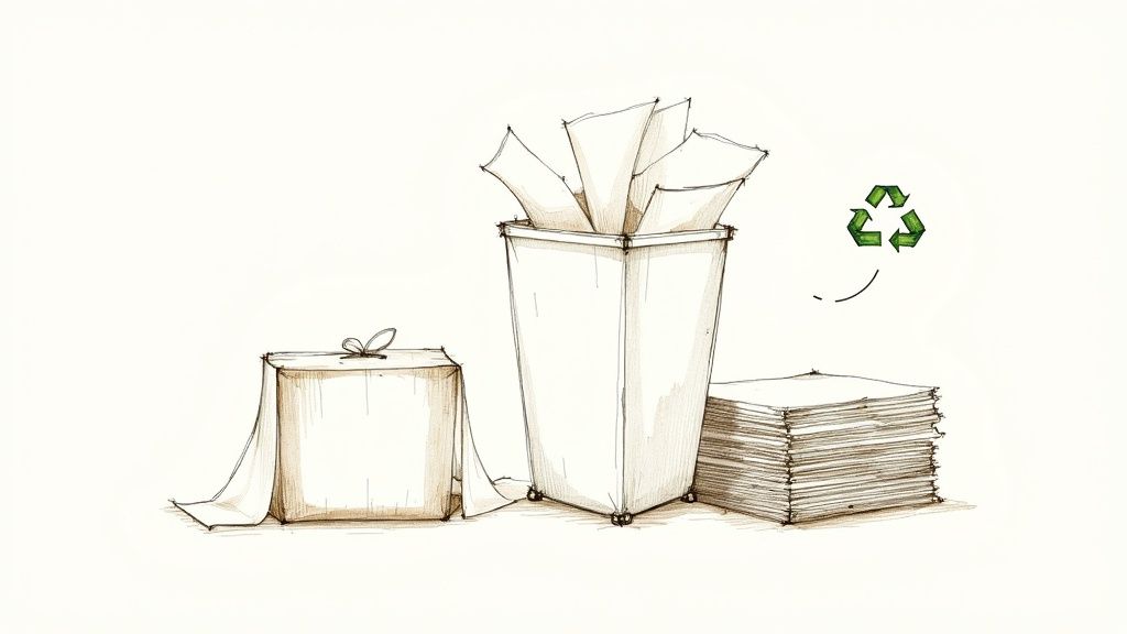 Stack of packing paper in container with recycling symbol for eco-friendly moving supplies