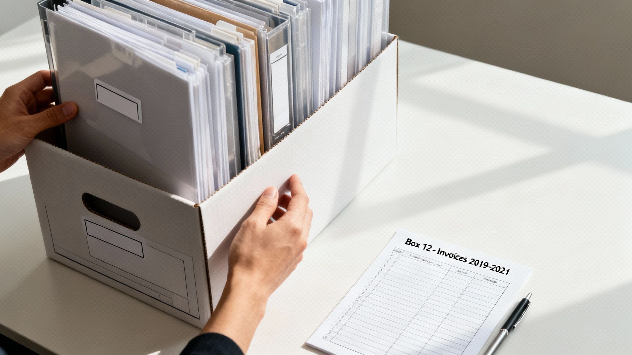 Hands organizing file folders into an archive box on a desk with an invoice list.