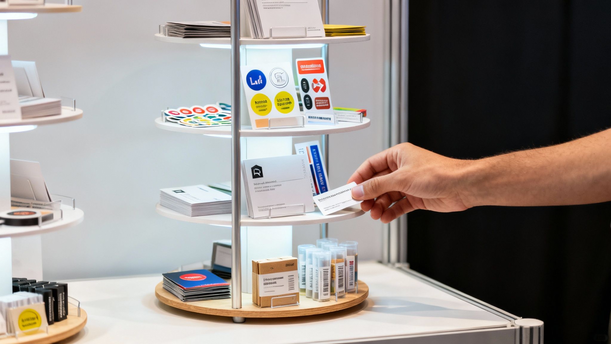 A hand takes a business card from a lighted multi-tiered promotional display stand at a trade show.
