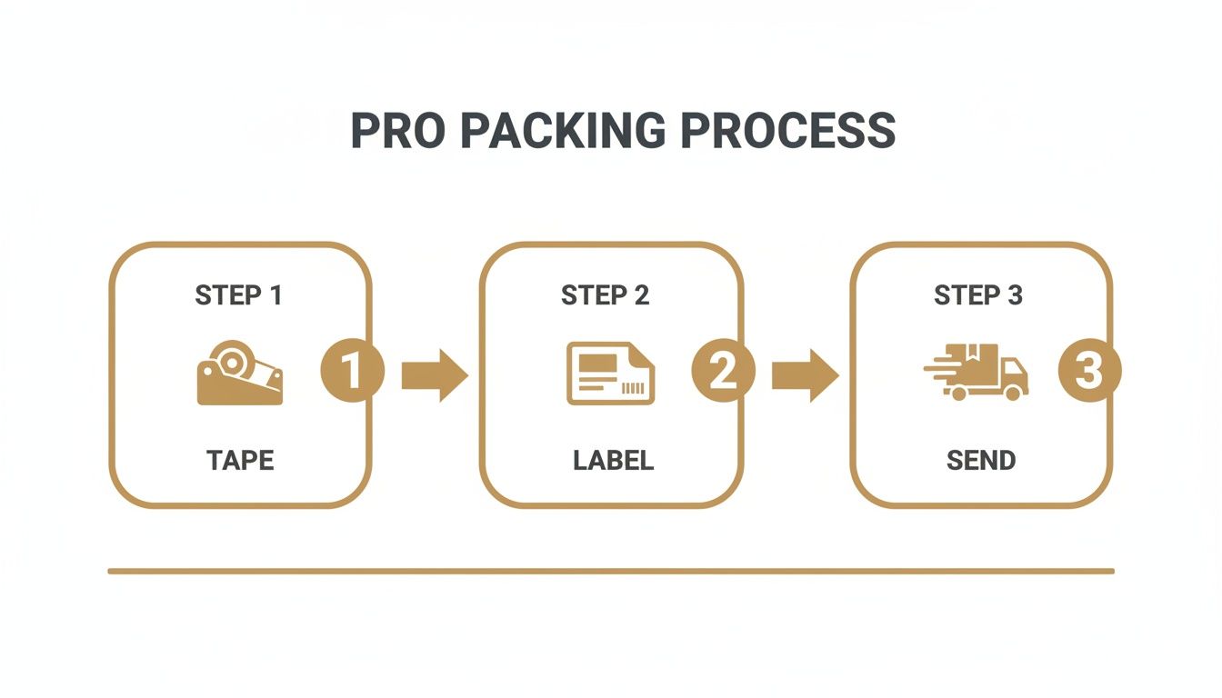 A three-step infographic showing the pro packing process: Tape, Label, and Send.