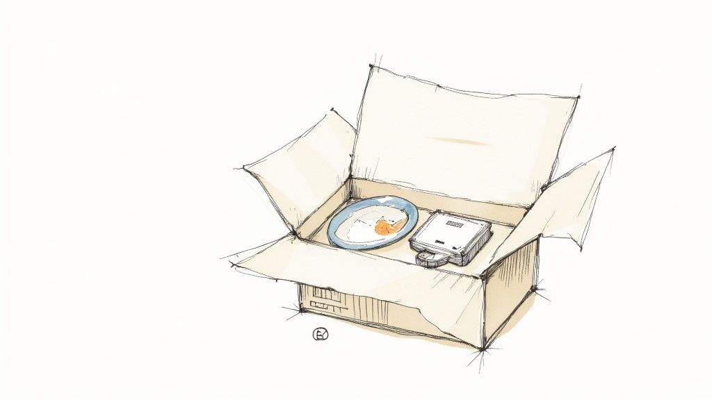 Open cardboard box with protective packing paper wrapping fragile items for safe moving