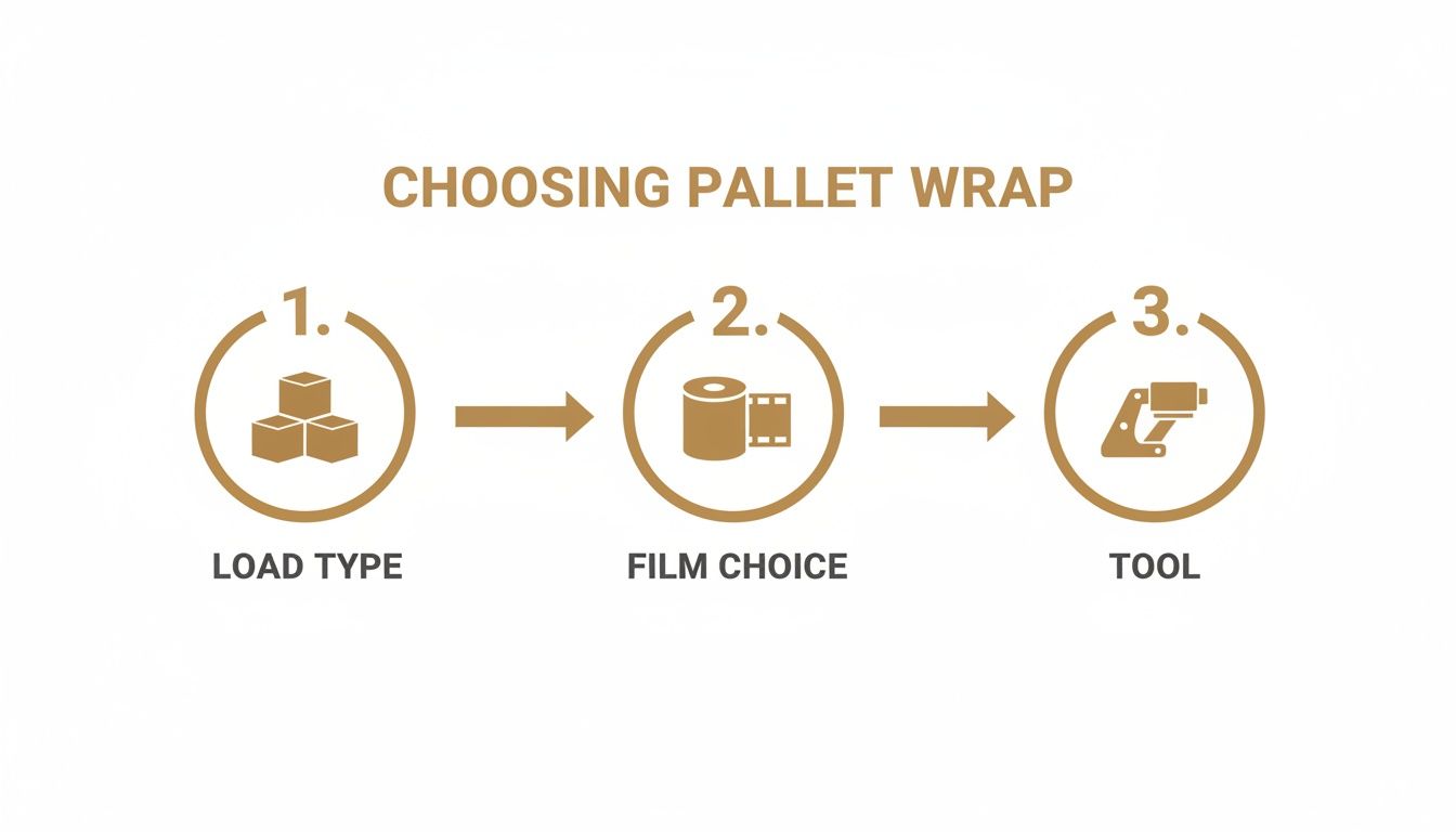 A three-step guide illustrating how to choose pallet wrap based on load, film, and tool.