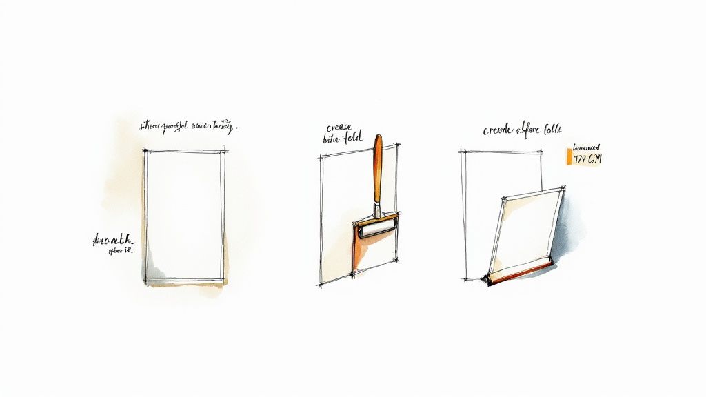 A close-up of different paper stocks being processed through a printing machine, with visible finishing touches.