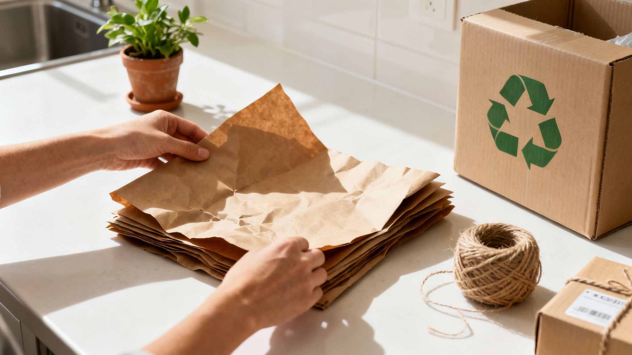 Hands folding brown paper sheets next to a recycling box, twine, and a plant on a white counter.
