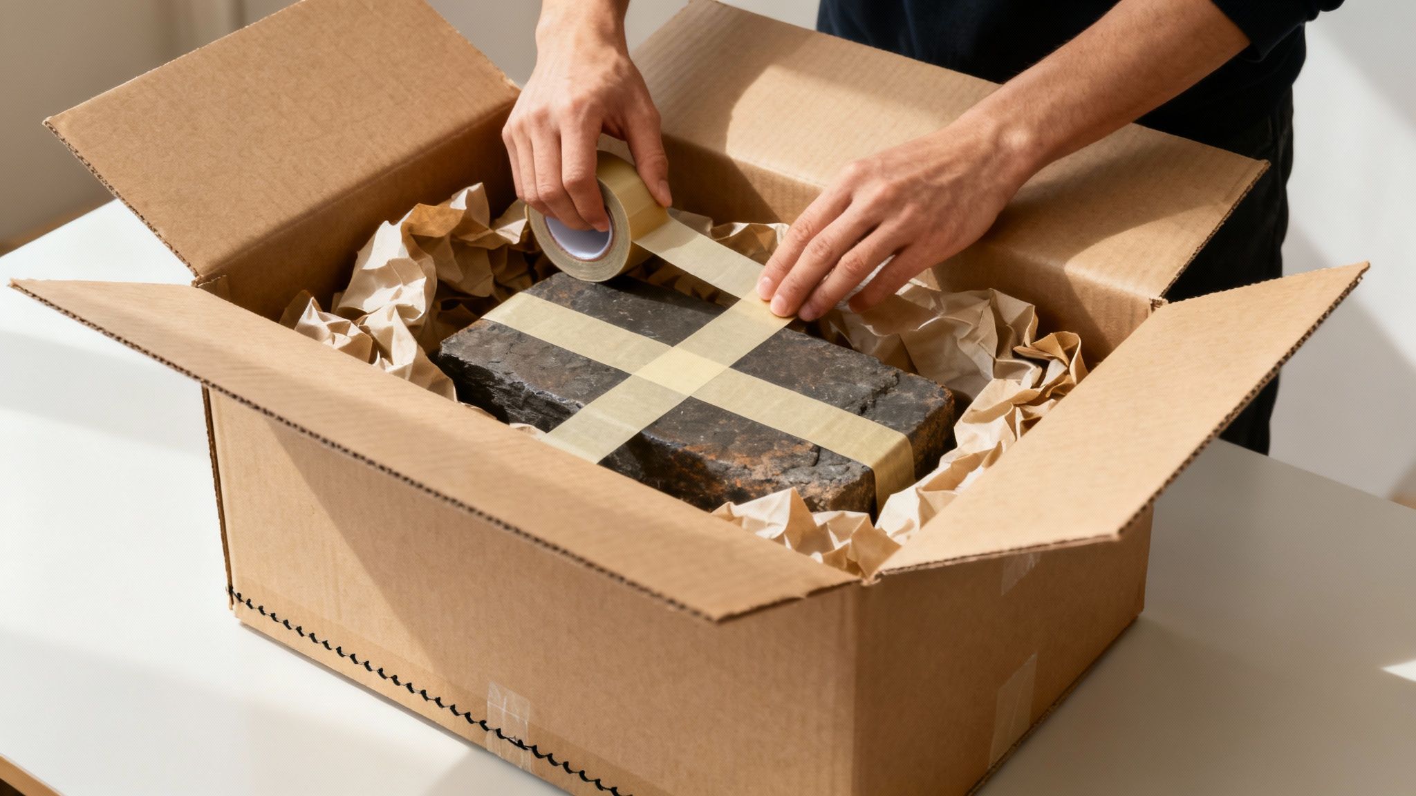 Hands taping a heavy, dark object inside a cardboard box with crumpled paper packing.