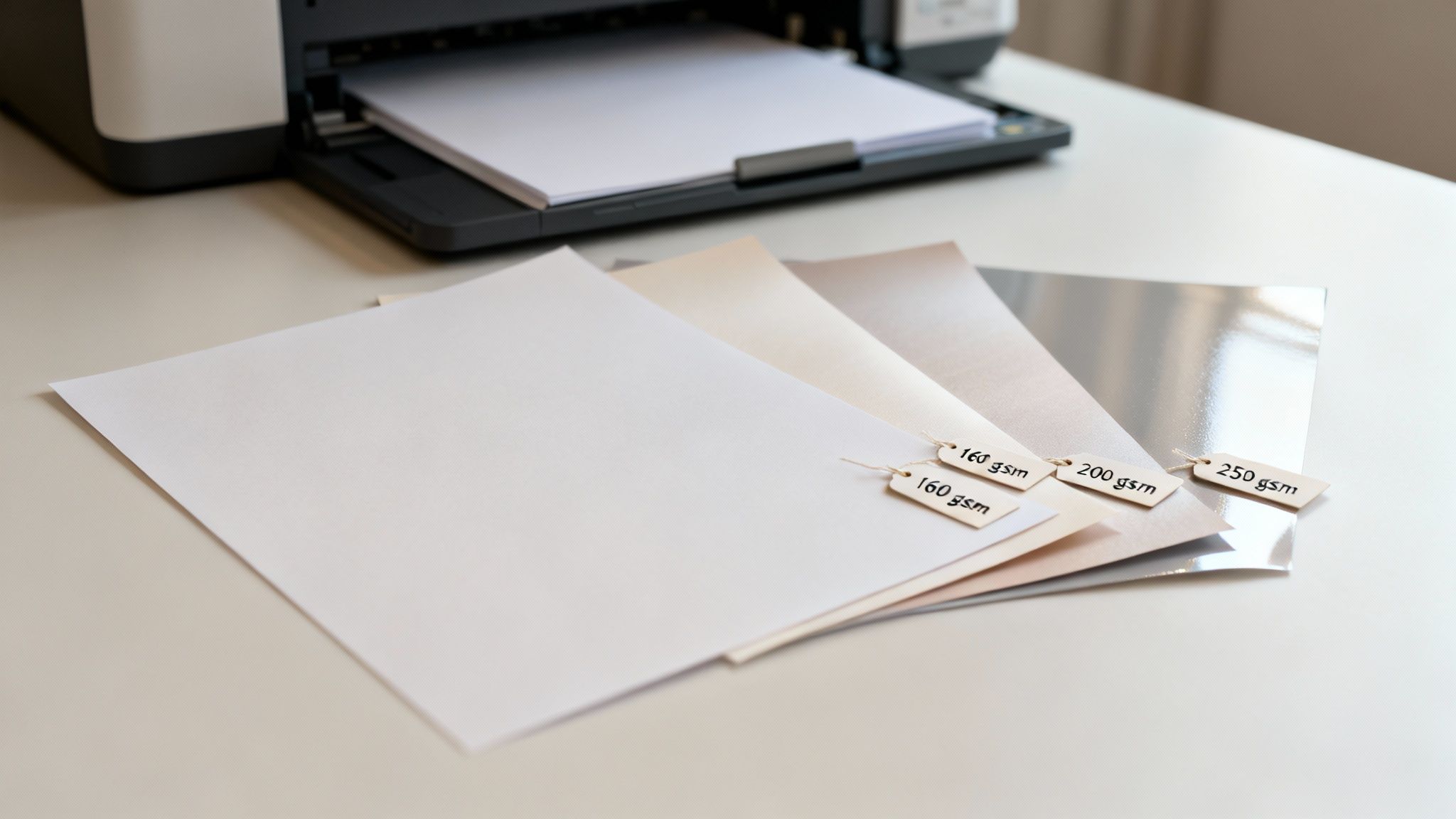 A printer with white paper loaded, next to a stack of different paper types with gsm labels.