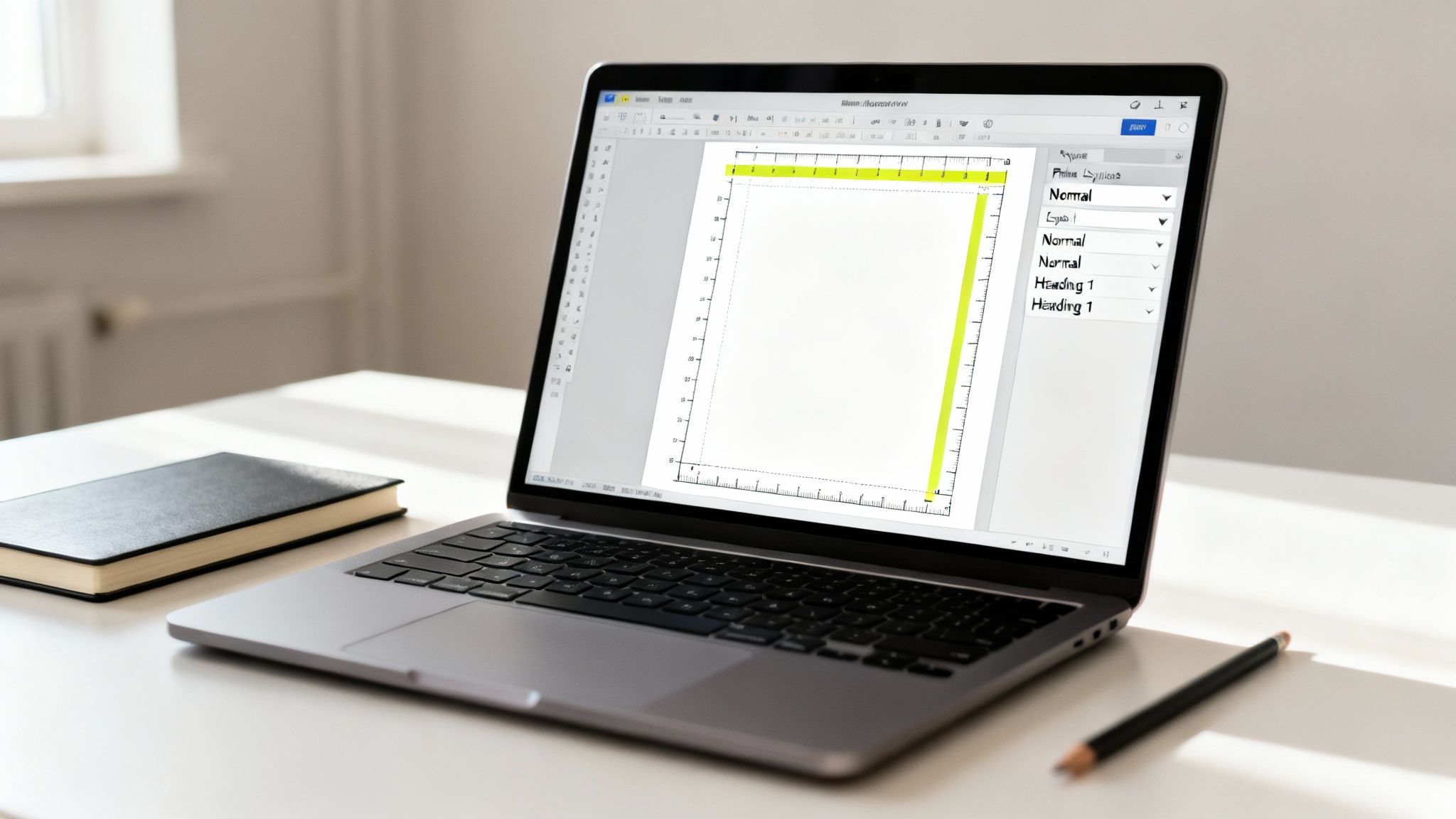 A laptop on a desk displays a document editor with rulers, alongside a notebook and pencil.
