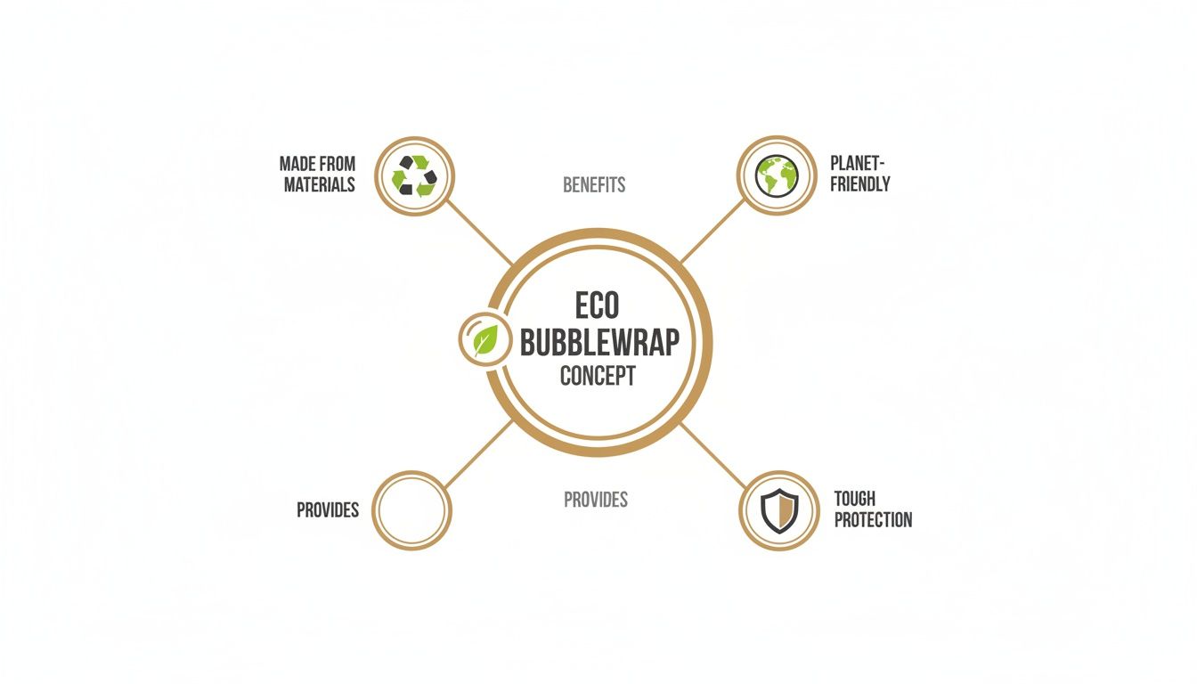 Infographic illustrating the eco bubblewrap concept, highlighting benefits like planet-friendly, recycled materials, and tough protection.