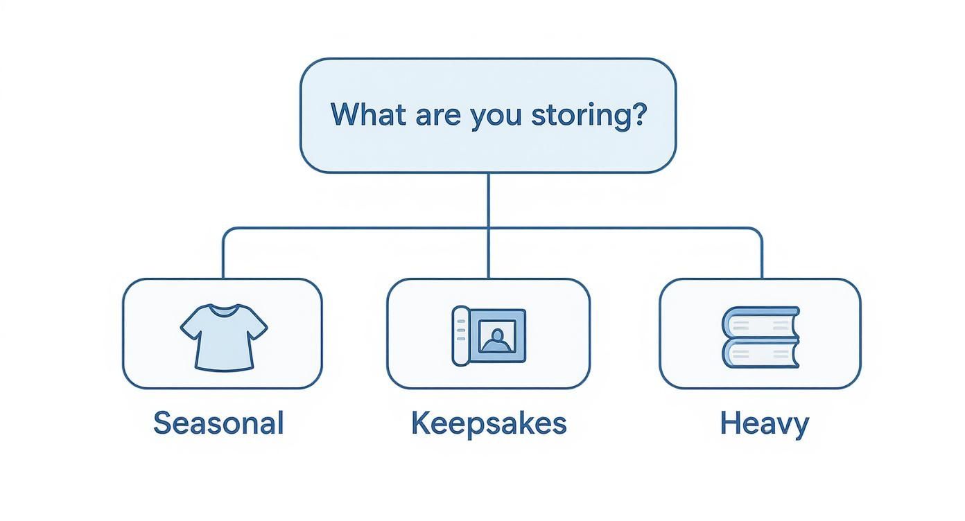 A flowchart asking 'What are you storing?' showing options for seasonal items, keepsakes, and heavy items.