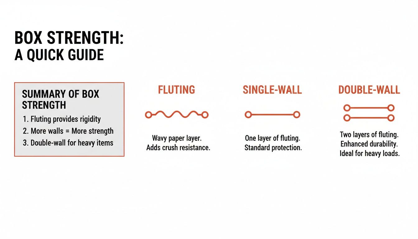 A quick guide explaining box strength, illustrating fluting, single-wall, and double-wall construction.