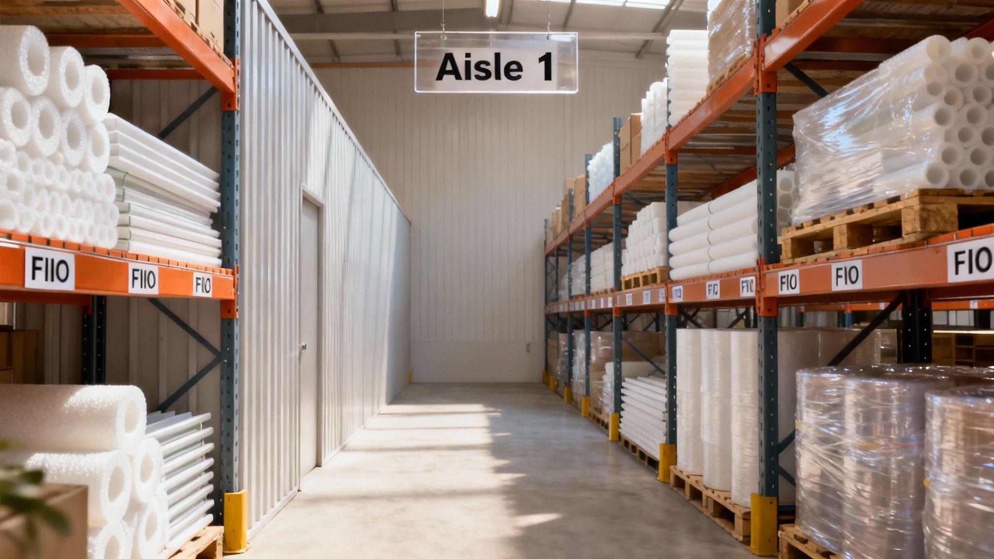 A clean and organized warehouse aisle with full shelves of white inventory and an 'Aisle 1' sign.