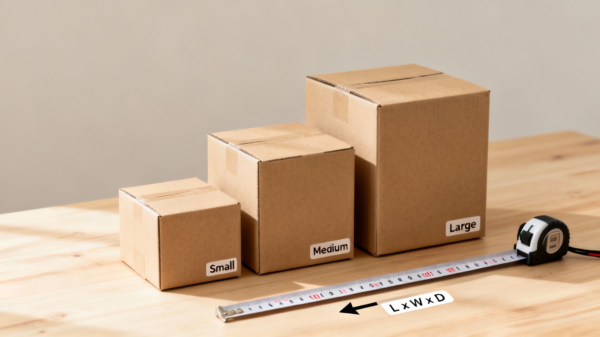 Three different-sized cardboard boxes (small, medium, large) with a tape measure on a wooden table.