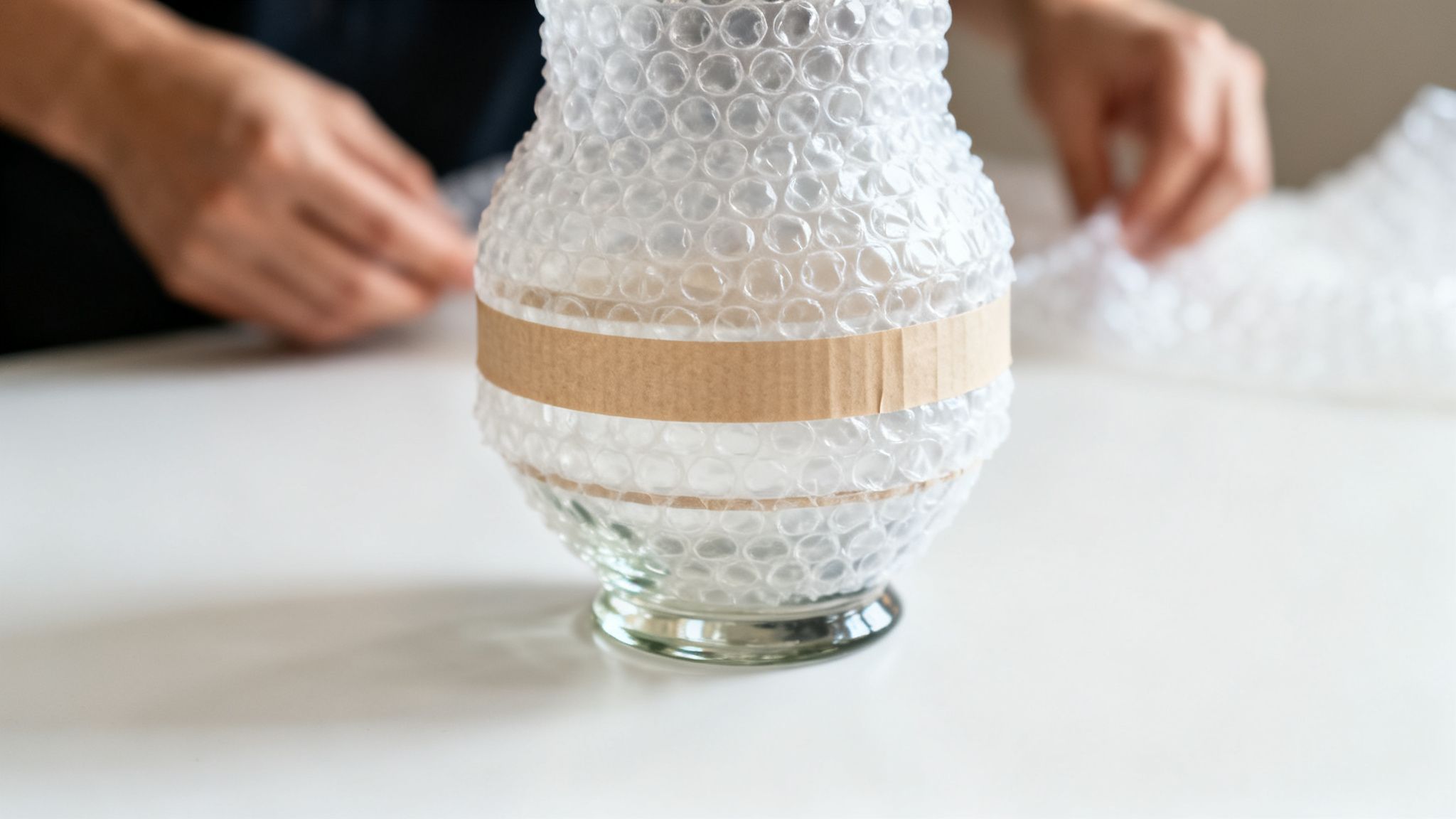 A person's hands wrap a fragile glass vase with clear bubble wrap and a brown paper band.