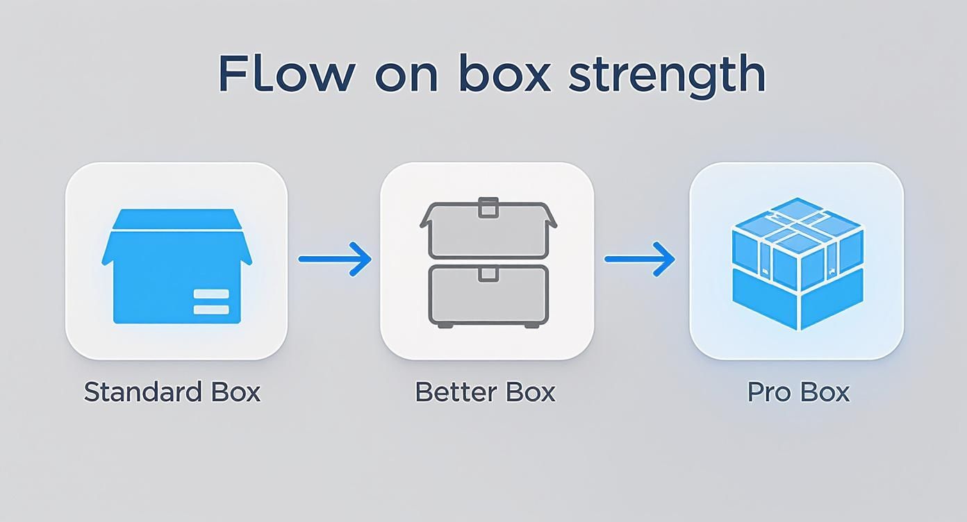 Infographic showing the progression of cardboard box strength from standard single-wall to a professional telescopic TV box.