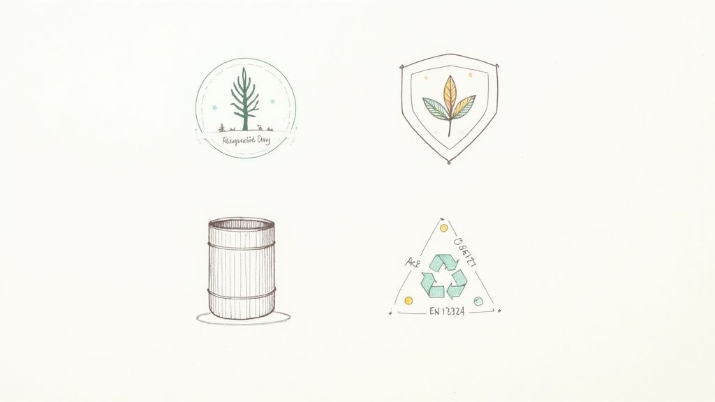 Four illustrated eco-friendly packaging icons featuring sustainable materials, recycling symbols, and environmental protection badges