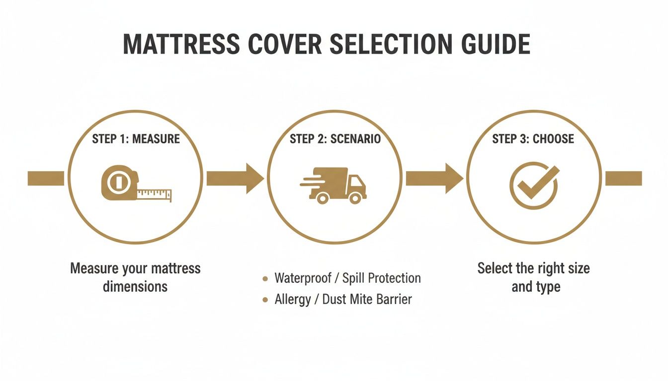 A three-step guide to selecting the right mattress cover, including measuring, scenario, and choosing.