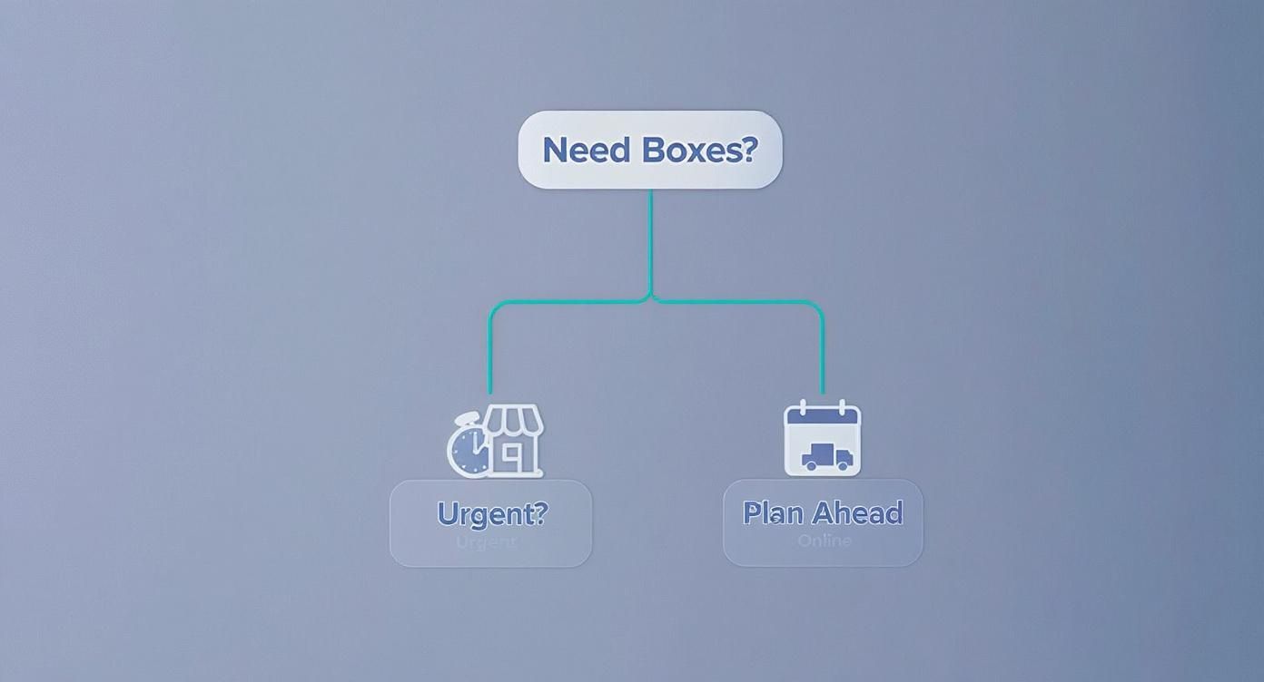 Flowchart asking 'Need Boxes?' with options for 'Urgent?' (store pickup) and 'Plan Ahead' (online delivery).