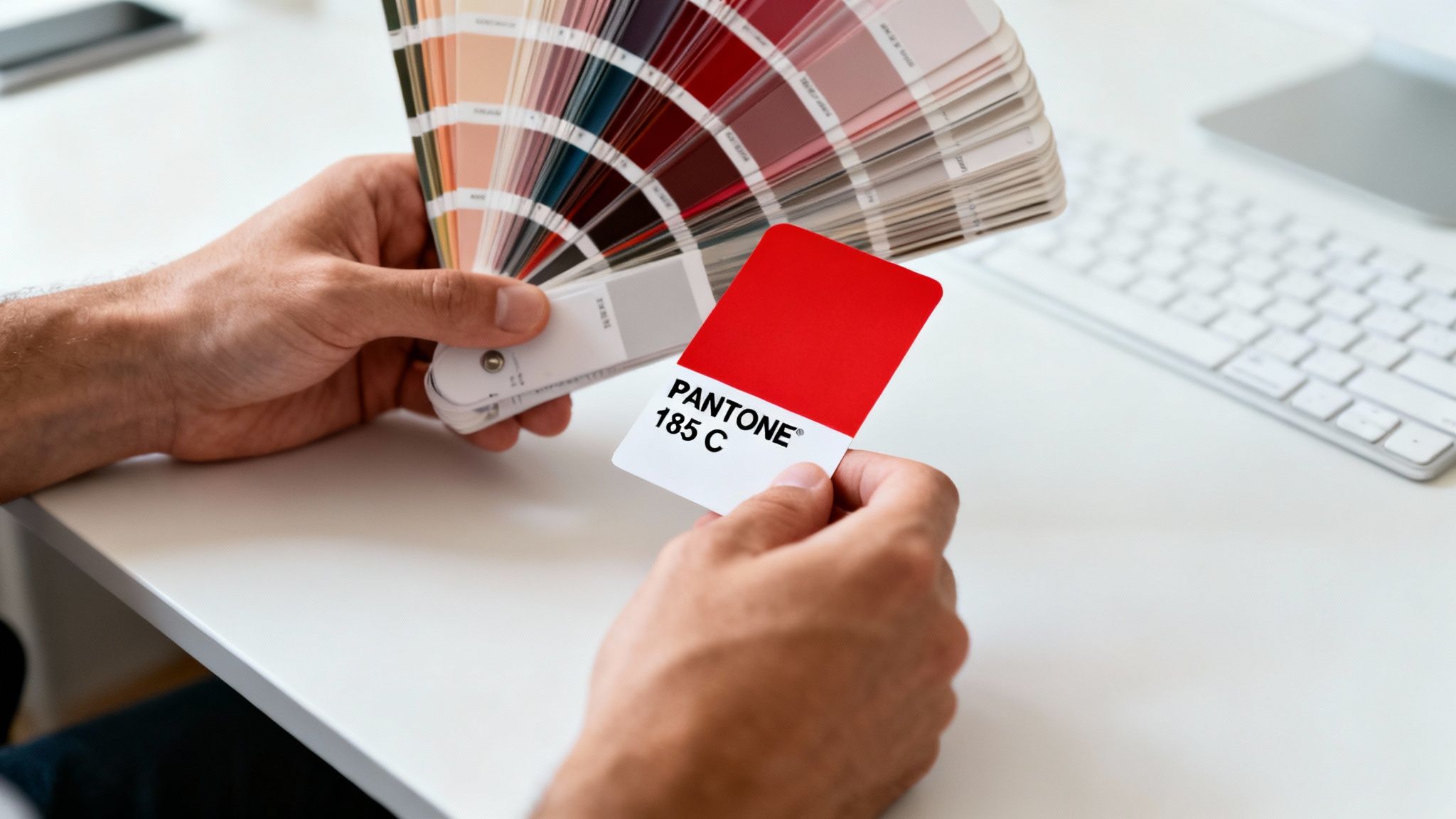 Close-up of hands holding a Pantone color swatch book and a red 'PANTONE 185 C' card.