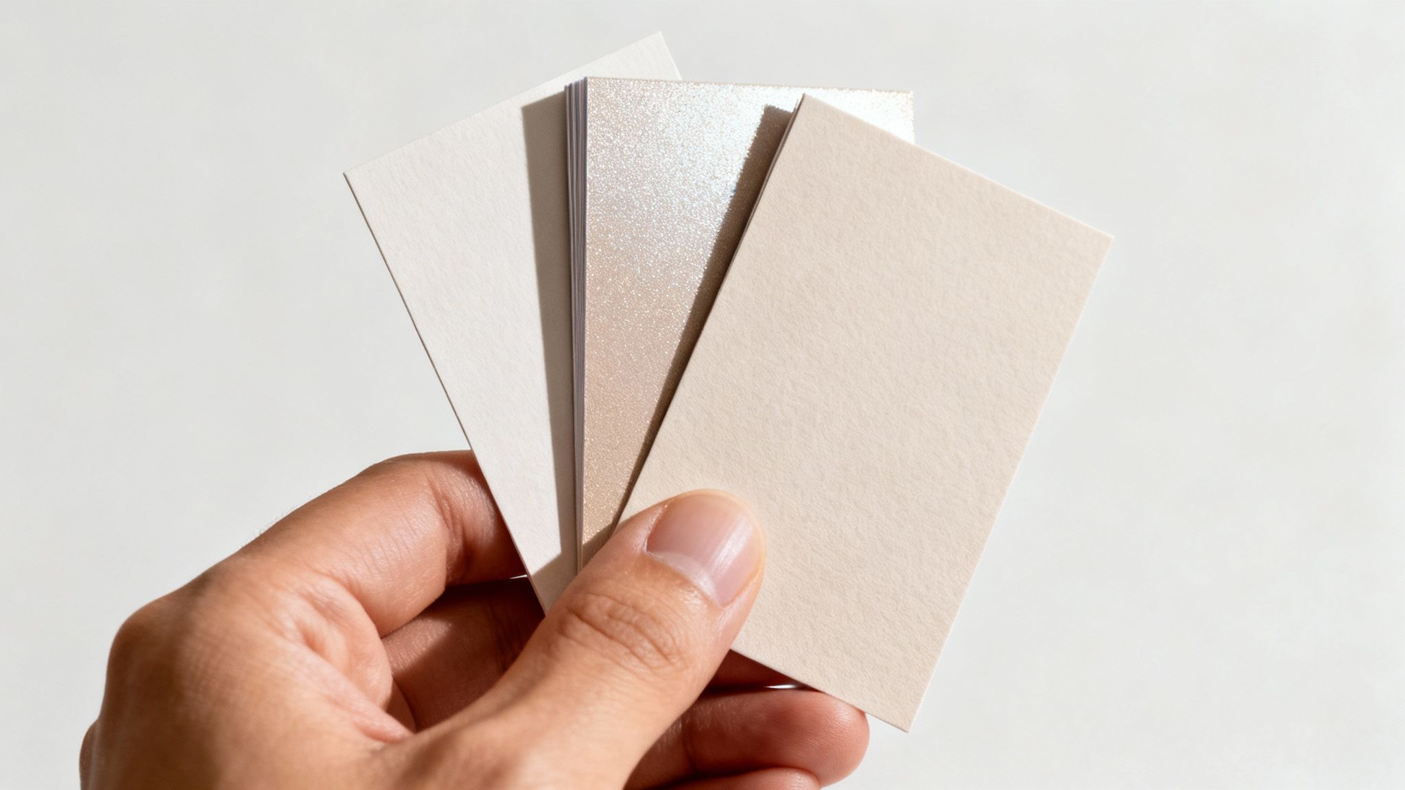 A hand holds four beige and shimmery paper swatches against a white background.