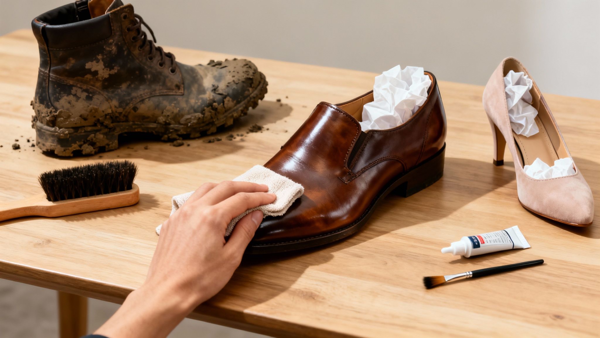 A person's hand polishing a brown leather shoe, with a muddy boot and a pink suede high heel nearby.