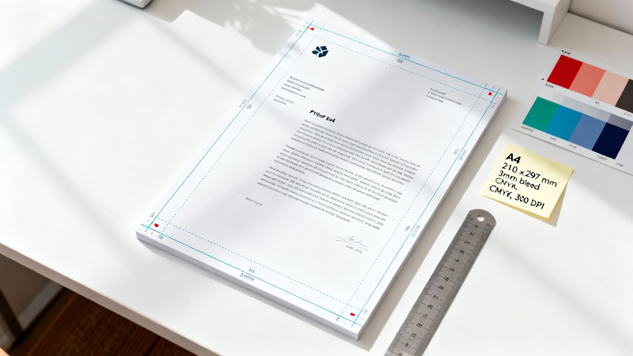 A stack of professional letterheads with print marks, specifications, and a ruler on a white desk.