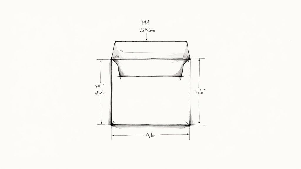 Technical drawing showing envelope dimensions with measurements labeled in inches and millimeters