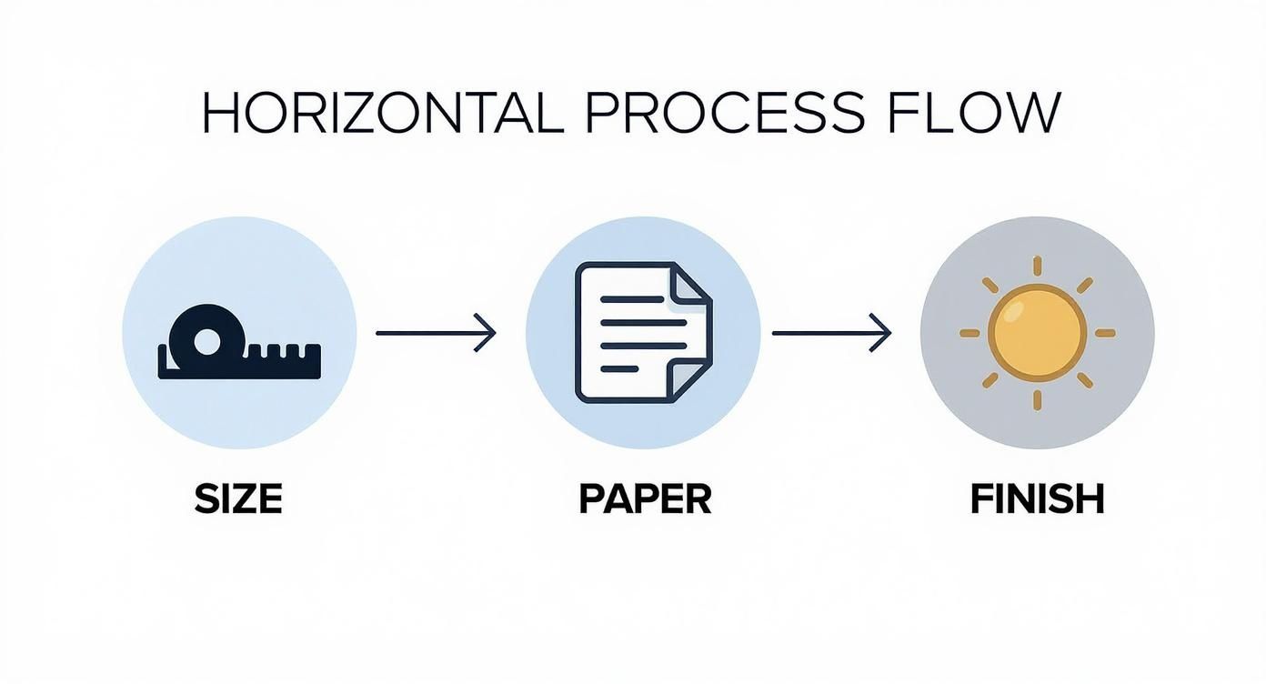A horizontal process flow diagram showing three steps: Size (tape measure), Paper (document), and Finish (sun icon).