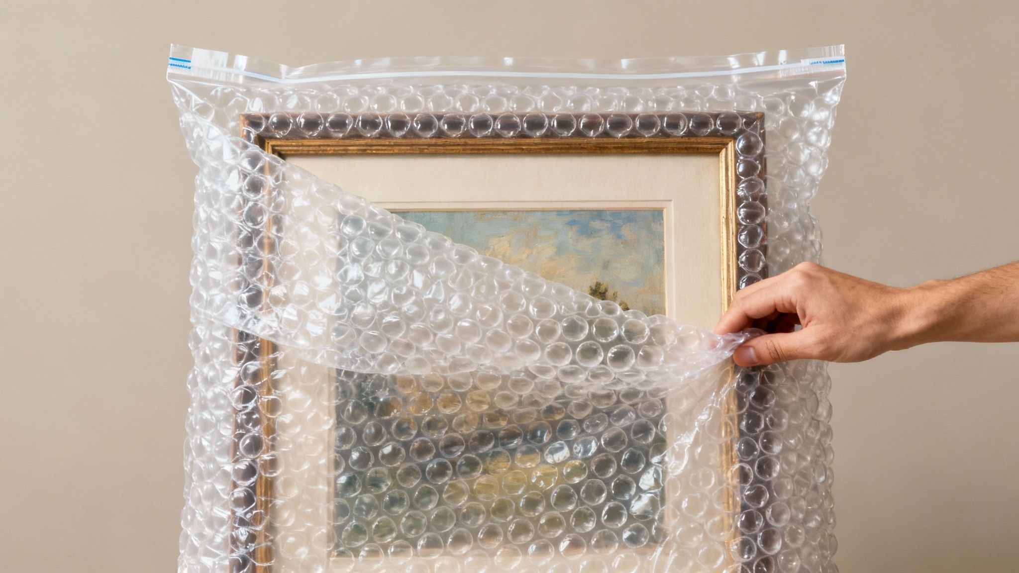 A hand carefully unwrapping a framed landscape painting from a large protective bubble wrap bag.