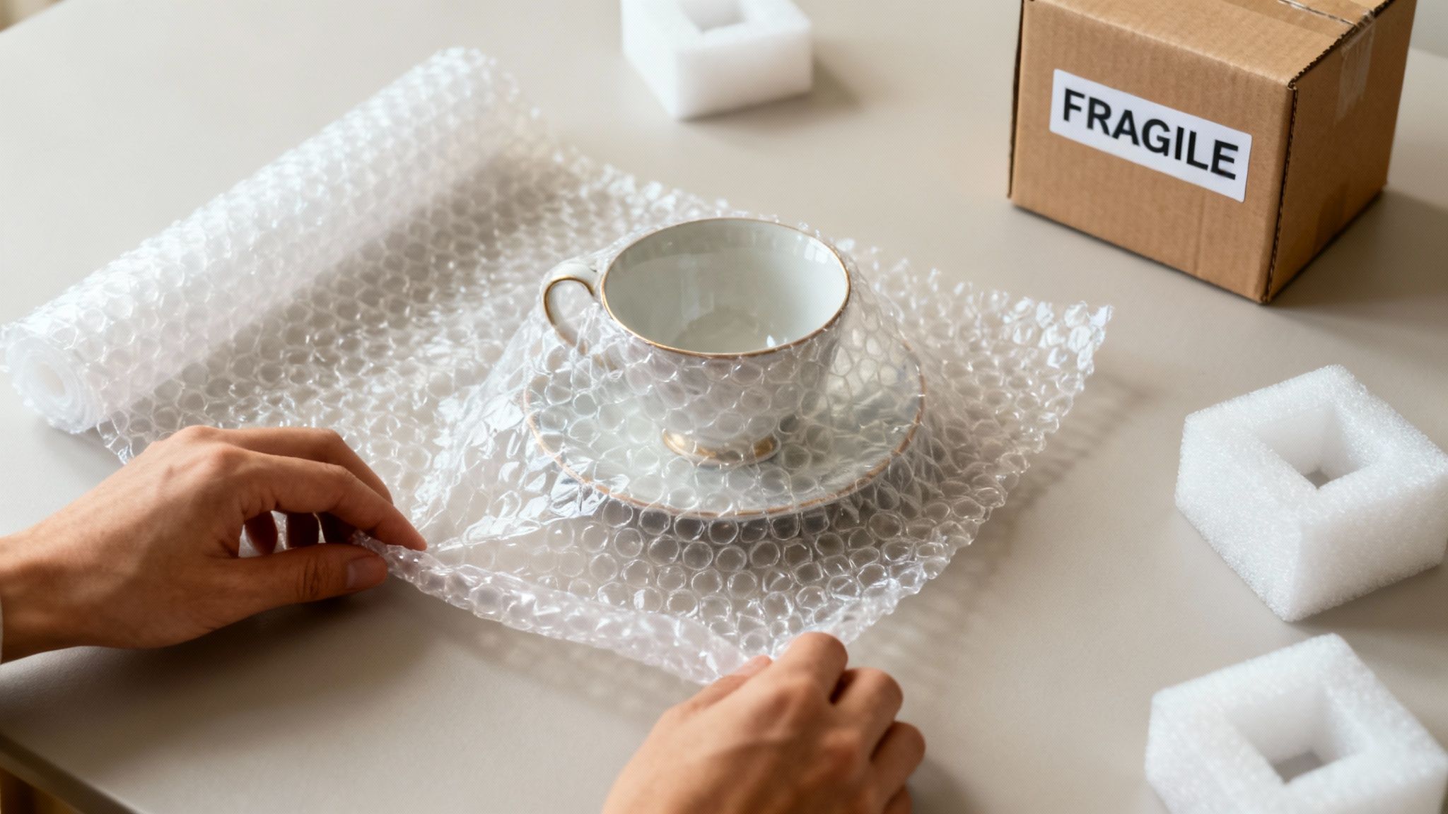 Hands carefully wrapping a delicate white teacup and saucer in bubble wrap for shipping.