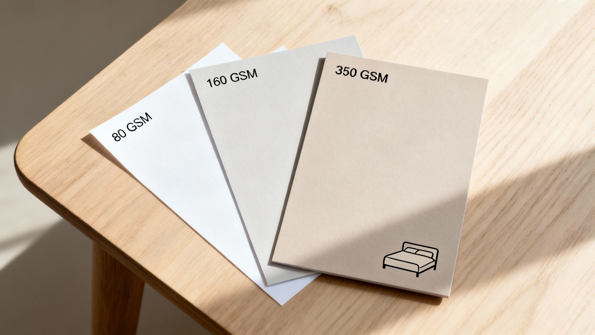 Three paper samples on a wooden table, showing different GSM weights: 80, 160, and 350.