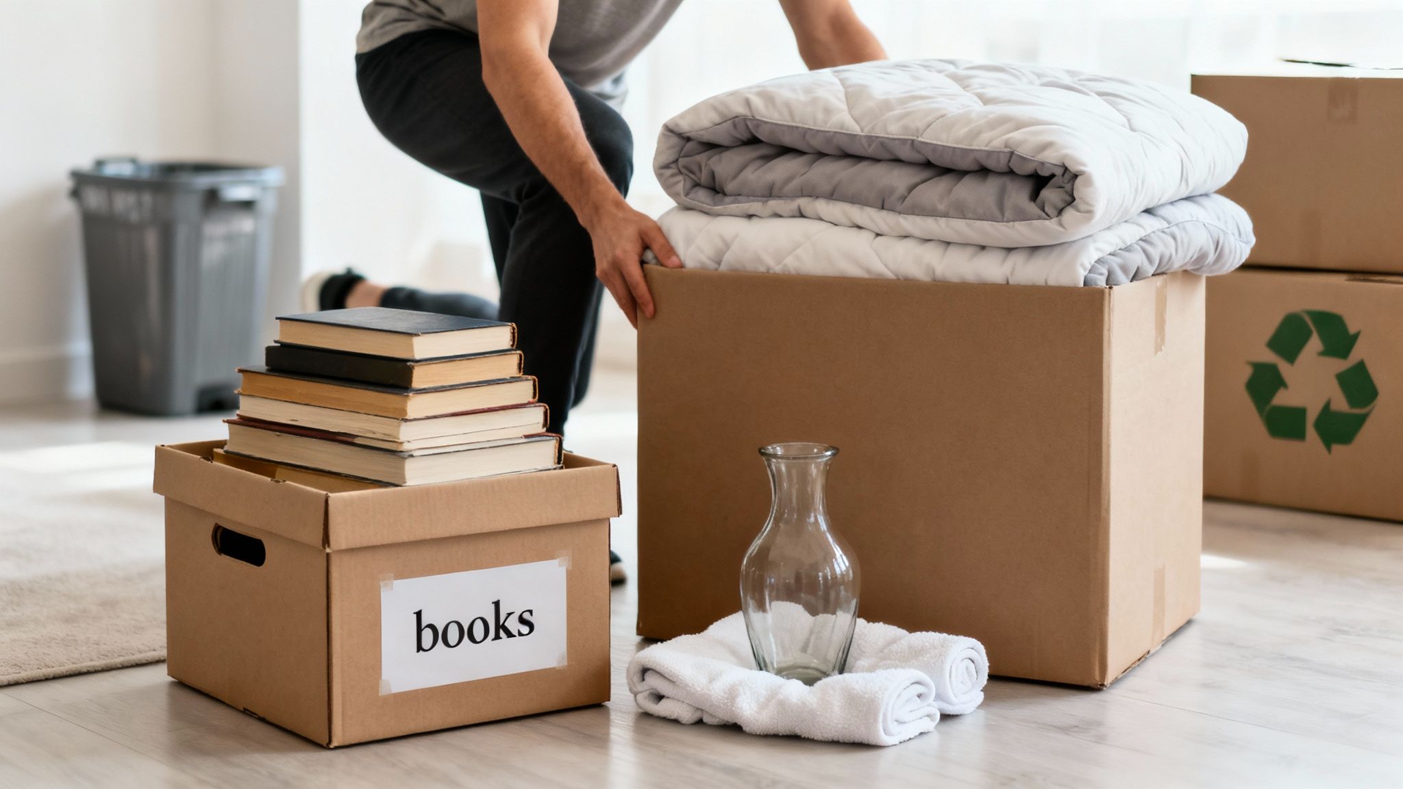 A person packing blankets into a cardboard box during a move, surrounded by other packed boxes and books.
