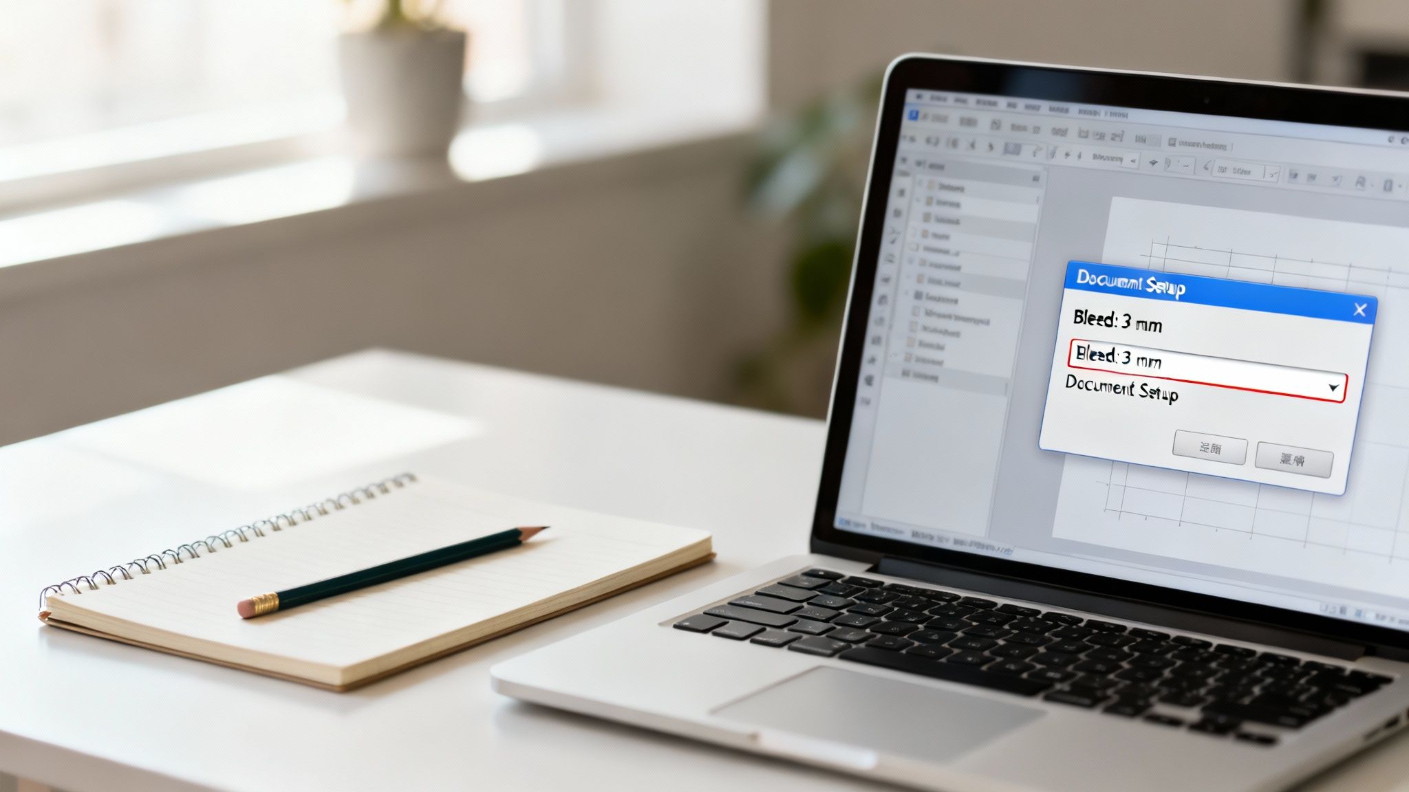 A laptop on a white desk displaying a 'Document Setup' window with 'Bleed: 3 mm' settings, next to a notebook and pencil.