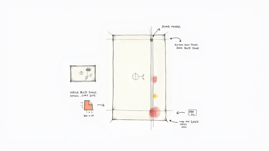 Hand-drawn diagram explaining print bleed, trim, and safe zones for document design.