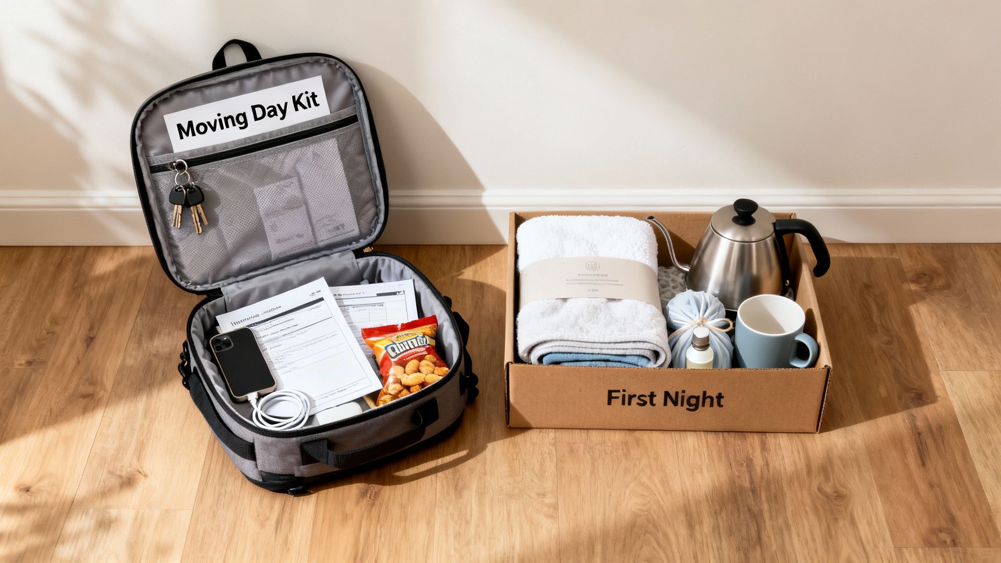 An open 'Moving Day Kit' bag and a 'First Night' box filled with essentials for a new home.