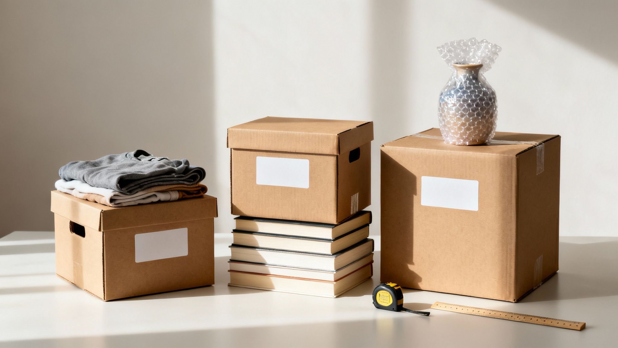 Several cardboard moving boxes, one with folded clothes, another with a bubble-wrapped vase, and packing supplies.