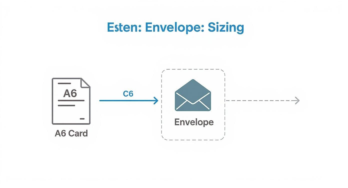 Diagram showing A6 card fitting into C6 envelope with labeled sizing illustration