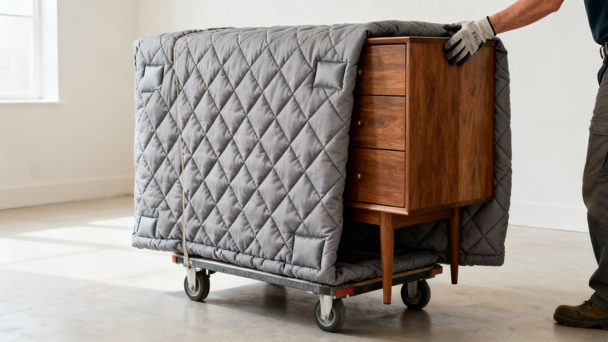 A wooden dresser covered in a grey quilted moving blanket on a dolly, moved by a person.