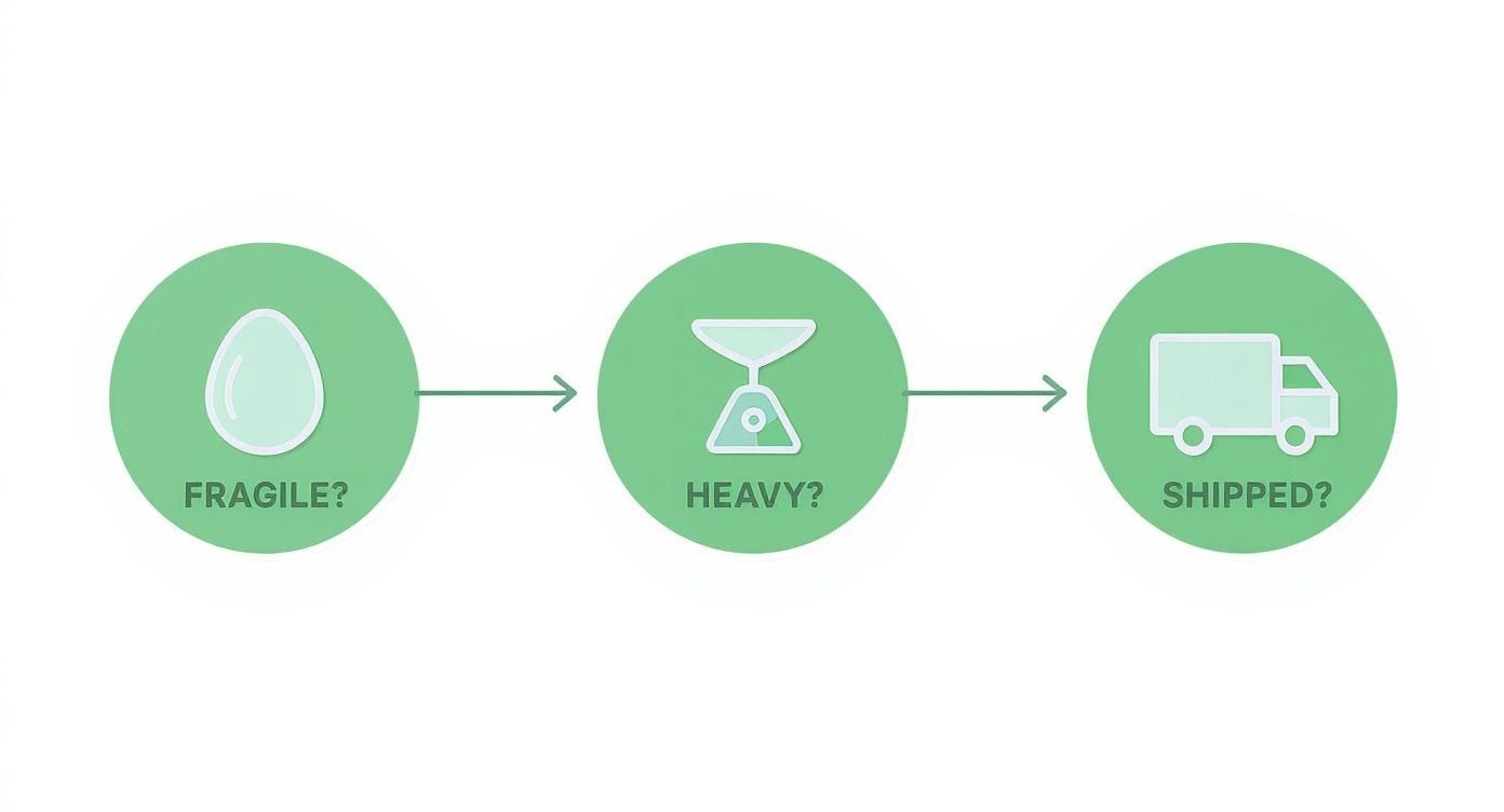 Flowchart showing three steps: an egg for fragile items, a scale for heavy items, and a delivery truck for shipping.